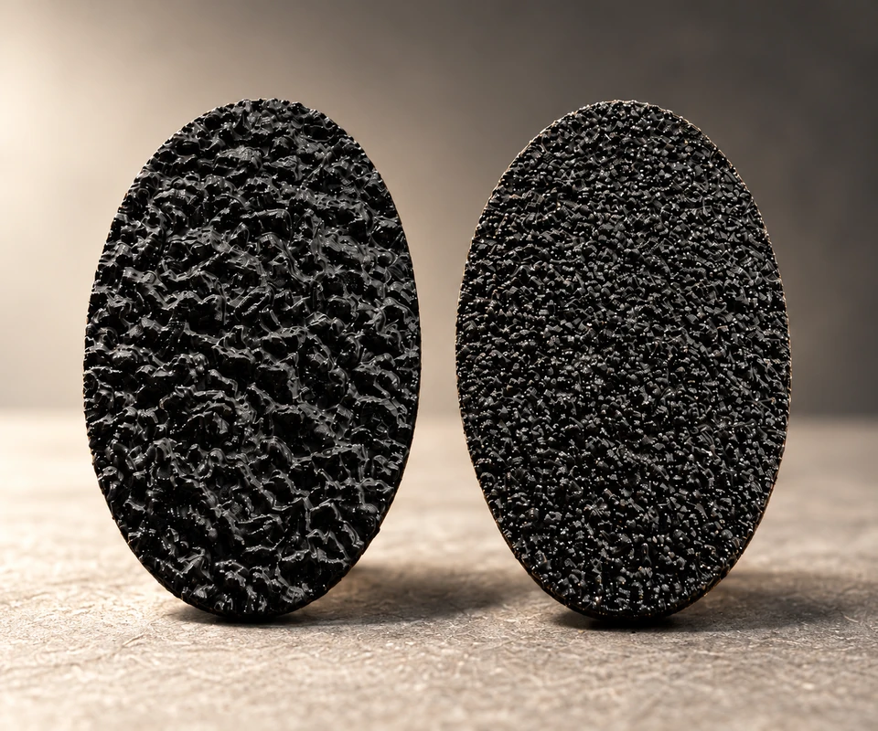 Rubber and Sandpaper oval tactile pads on a warm stone surface