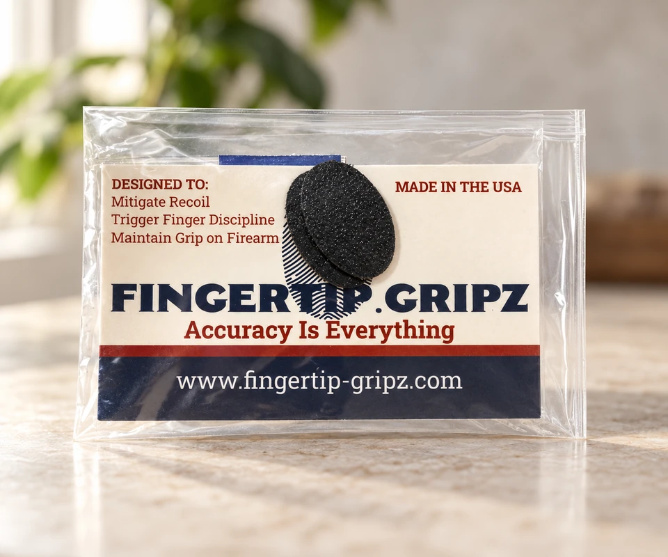 Fingertip-Gripz retail pouch on a stone tabletop