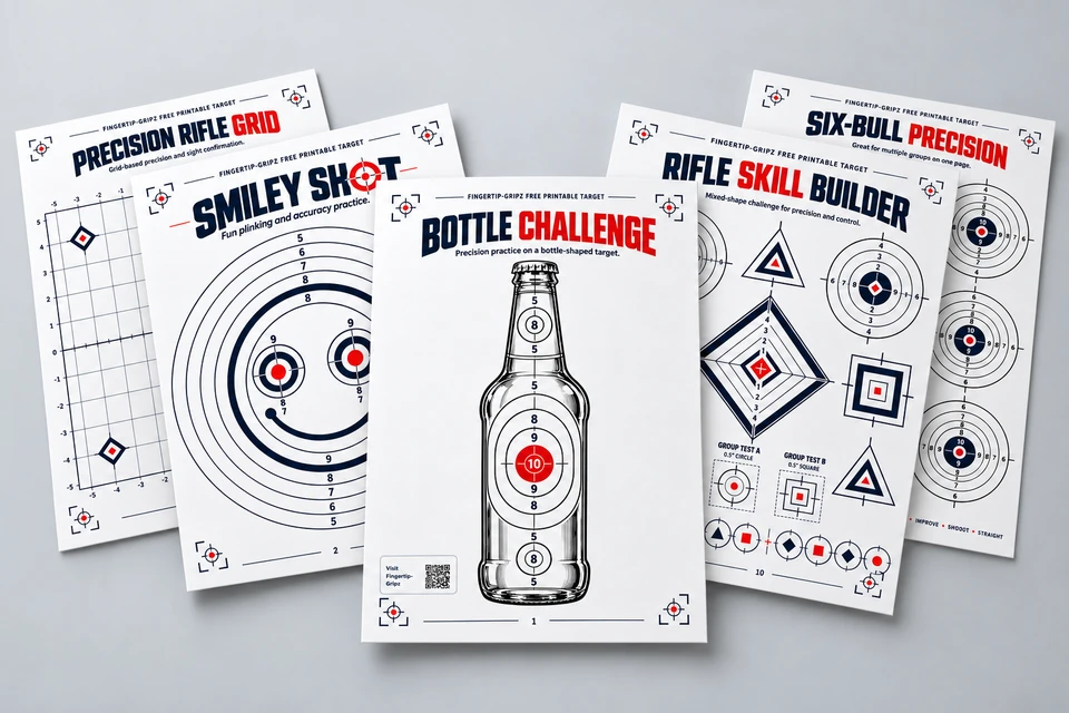 Fanned printable target sheets featuring Bottle Challenge, Smiley Shot, Precision Rifle Grid, Rifle Skill Builder and Six-Bull Precision