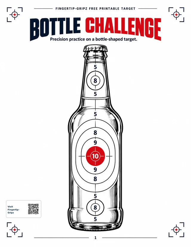 Bottle Challenge printable target with a bottle illustration, scoring rings, and red center aiming point.