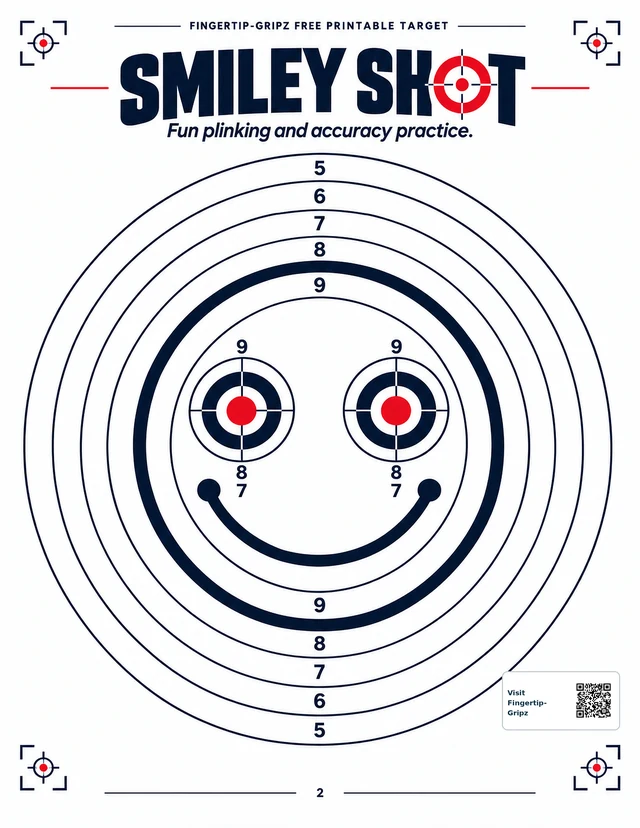 Smiley Shot printable target with a large smiley face, bullseye eyes, and scoring rings.
