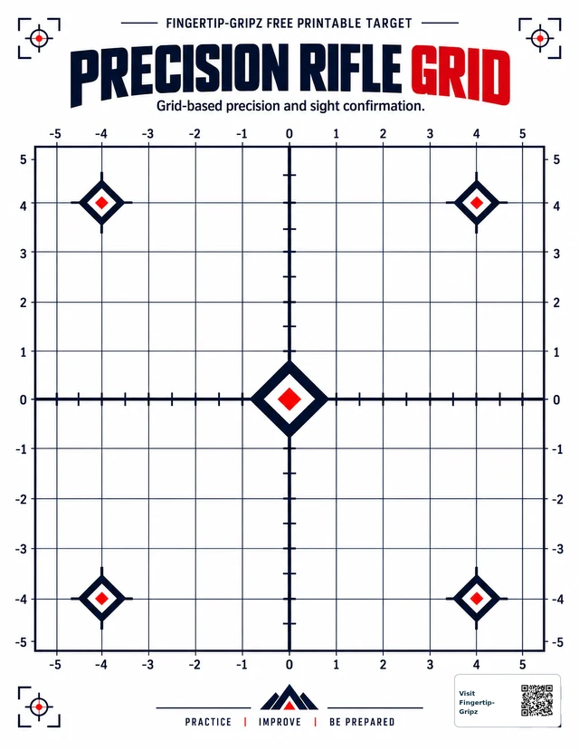 Precision Rifle Grid printable target with measurement grid, center diamond, and four smaller aiming diamonds.