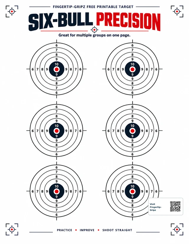 Six-Bull Precision printable target with six numbered concentric bullseyes.