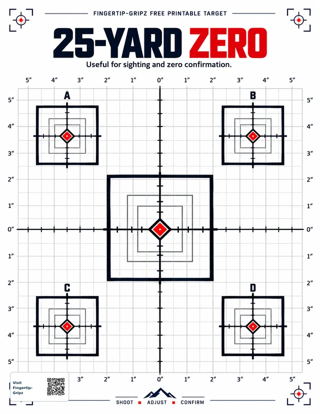 25-Yard Zero printable target with center square target, four smaller corner targets, and measurement grid.