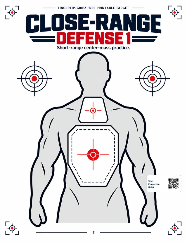 Close-Range Defense printable target with a generic torso outline and two scoring zones.