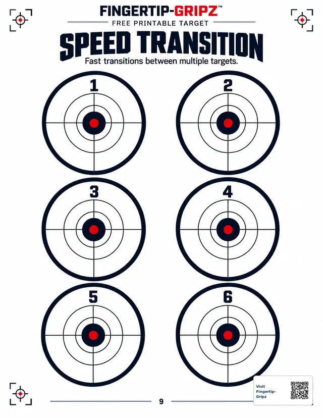 Speed Transition printable target with six numbered circular targets and red center points.