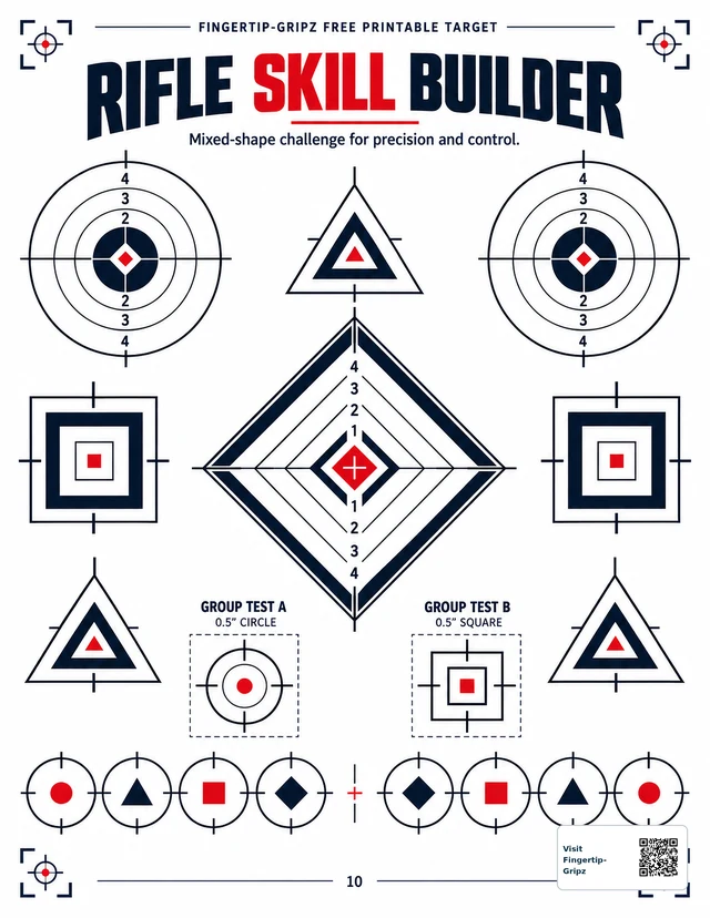 Rifle Skill Builder printable target with mixed geometric aiming shapes and precision group-test areas.