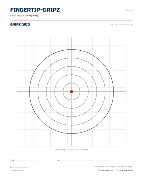 A bullseye over a half-inch square grid. Fingertip-Gripz printable target sheet.