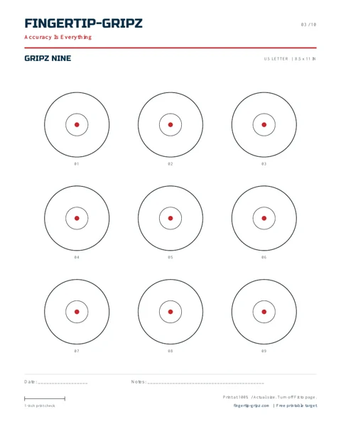 Nine circles with clear center marks. Fingertip-Gripz printable target sheet.