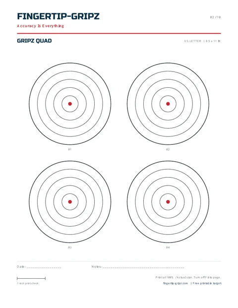 Four matching bullseyes on one sheet. Fingertip-Gripz printable target sheet.