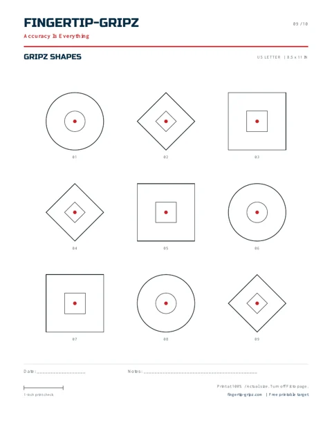 A mix of circles, diamonds, and squares. Fingertip-Gripz printable target sheet.