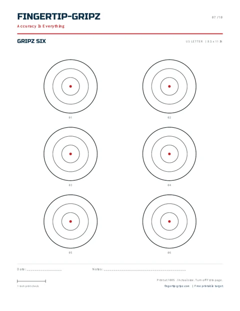 Six circular marks in a spacious layout. Fingertip-Gripz printable target sheet.